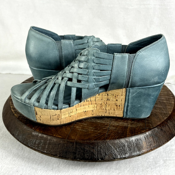 Chocolat Blu Wedge Sandals 9.5 Turquoise Leather Woven Slip On Open Toe - Picture 7 of 12